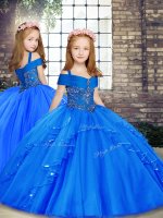 Customized Blue Lace Up Straps Beading Pageant Gowns Tulle Sleeveless