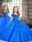 Customized Blue Lace Up Straps Beading Pageant Gowns Tulle Sleeveless