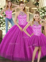 Exquisite Fuchsia Sleeveless Floor Length Beading Lace Up Ball Gown Prom Dress(SKU SJQDDT1279007BIZ)