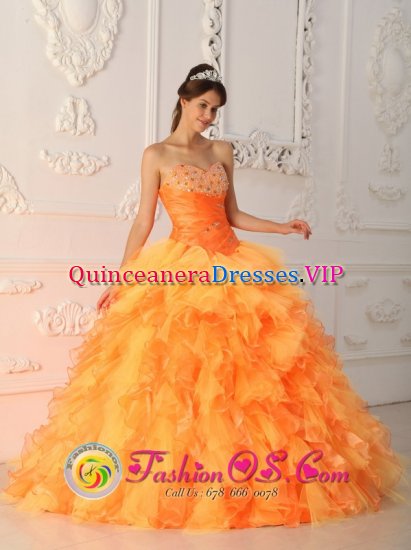 Boscastle Cornwall Fashionable Orange Red Beading and Ruch Bodice Quinceanera Dress For Formal Evening Sweetheart Organza Ball Gown - Click Image to Close