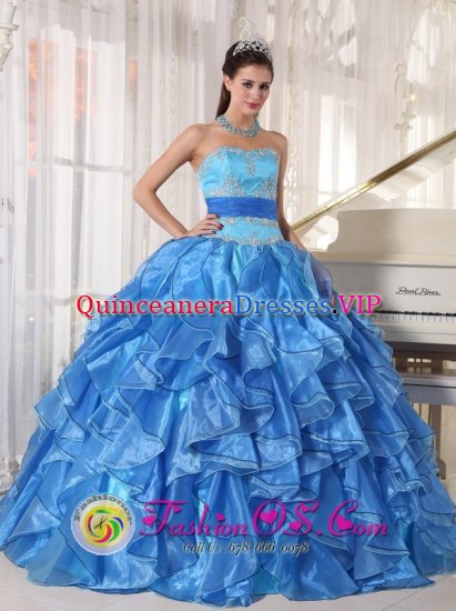 Romantic Blue Organza Quinceanera Dress With Strapless Appliques and Paillette Tiered Skirt In Nashua New hampshire/NH - Click Image to Close