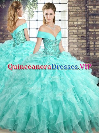Aqua Blue Quinceanera Gown Organza Brush Train Sleeveless Beading and Ruffles