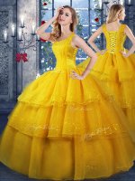Glorious Organza Straps Sleeveless Lace Up Ruffled Layers Ball Gown Prom Dress in Gold(SKU PSSW0735MTBIZ)