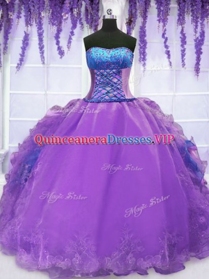 Purple Ball Gowns Organza Strapless Sleeveless Embroidery and Ruffles Floor Length Lace Up Quinceanera Dresses - Click Image to Close