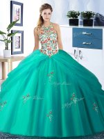Classical Halter Top Sleeveless Tulle Floor Length Lace Up Vestidos de Quinceanera in Turquoise with Embroidery and Pick Ups