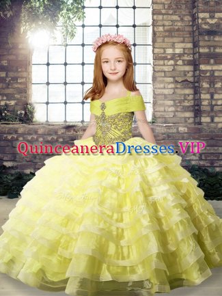Glorious Yellow Sleeveless Organza Brush Train Lace Up Kids Formal Wear for Party and Military Ball and Wedding Party