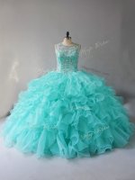 Aqua Blue Quinceanera Gowns Sweet 16 and Quinceanera with Beading and Ruffles Scoop Sleeveless Lace Up