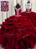 See Through Wine Red Zipper Quinceanera Dresses Beading and Ruffles and Sequins Sleeveless Floor Length