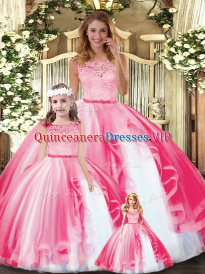 Glorious Ball Gowns Quinceanera Gowns Hot Pink Scoop Tulle Sleeveless Floor Length Clasp Handle - Click Image to Close