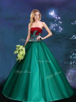 Sleeveless Floor Length Appliques Lace Up Quince Ball Gowns with Dark Green