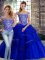 Chic Off The Shoulder Sleeveless Vestidos de Quinceanera Brush Train Beading and Lace Royal Blue Tulle