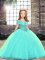 Aqua Blue Sleeveless Brush Train Beading Glitz Pageant Dress