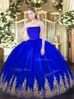 Strapless Sleeveless Zipper Quinceanera Gown Blue Tulle