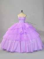 Lavender Ball Gowns Beading and Ruffled Layers 15th Birthday Dress Lace Up Organza Sleeveless