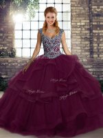 Floor Length Dark Purple 15 Quinceanera Dress Tulle Sleeveless Beading and Ruffles(SKU SJQDDT2133002-5BIZ)