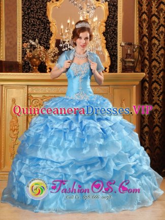 Bradenton Florida/FL USA Lovely Aqua Blue Quinceanera Dress For Sweetheart Gowns With Jacket Appliques Decorate Bodice Layered Pick-ups Skirt