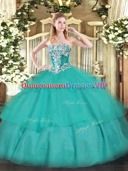 Turquoise Tulle Lace Up Strapless Sleeveless Floor Length Sweet 16 Dress Beading and Ruffled Layers - Click Image to Close