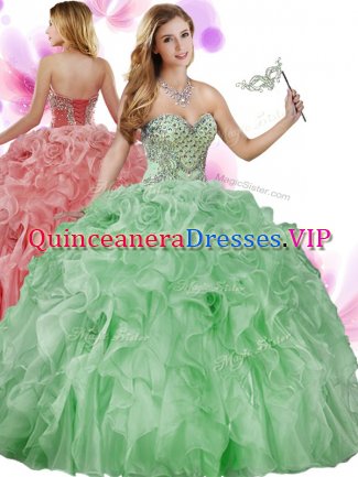 Superior Organza Sweetheart Sleeveless Lace Up Beading and Ruffles 15th Birthday Dress in Green
