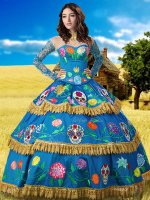 Amazing Blue Lace Up High-neck Lace and Embroidery Ball Gown Prom Dress Taffeta Long Sleeves(SKU XBQD023BIZ)