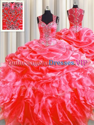 New Style Pick Ups Zipper Up See Through Back Coral Red Straps Zipper Beading and Ruffles Quinceanera Dresses Sweep Train Sleeveless