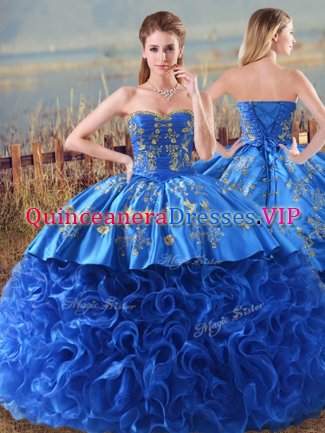 Royal Blue Ball Gowns Sweetheart Sleeveless Fabric With Rolling Flowers Brush Train Lace Up Embroidery and Ruffles Quinceanera Gown