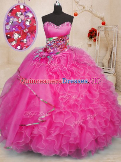 Admirable Hot Pink Lace Up 15th Birthday Dress Beading and Ruffles Sleeveless Floor Length - Click Image to Close