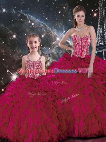 Burgundy Ball Gowns Beading and Ruffles Quince Ball Gowns Lace Up Organza Sleeveless Floor Length - Click Image to Close