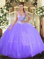 Sleeveless Tulle Floor Length Lace Up Quinceanera Dress in Lavender with Beading