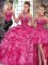 Floor Length Fuchsia Quinceanera Gowns Halter Top Sleeveless Lace Up
