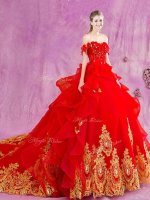 Off the Shoulder Red Sleeveless Tulle Court Train Lace Up Quinceanera Dresses for Military Ball and Sweet 16 and Quinceanera