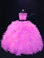 Perfect Scoop Sleeveless Quinceanera Gown Floor Length Beading and Ruffles Pink Organza(SKU PSSW1105-4BIZ)