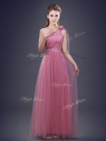 Attractive Tulle One Shoulder Sleeveless Lace Up Beading and Ruching and Hand Made Flower Dama Dress in Pink