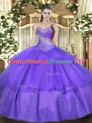 Sleeveless Floor Length Beading and Ruffled Layers Lace Up Vestidos de Quinceanera with Lavender