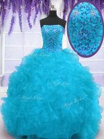 Extravagant Strapless Sleeveless Organza Sweet 16 Quinceanera Dress Beading and Ruffles Brush Train Lace Up