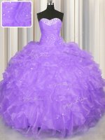 Exceptional Sleeveless Organza Floor Length Lace Up 15th Birthday Dress in Lavender with Beading and Ruffles(SKU PSSW0583-1BIZ)