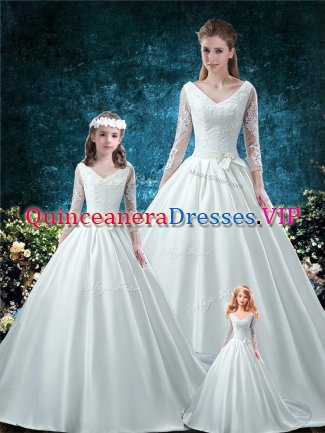 Low Price 3 4 Length Sleeve Chapel Train Lace and Belt Lace Up Ball Gown Prom Dress