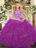 Eggplant Purple Cap Sleeves Floor Length Beading and Ruffles Lace Up Quinceanera Dress