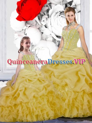 Fantastic Straps Floor Length Yellow Quinceanera Gown Organza Sleeveless Beading and Ruffles and Pick Ups