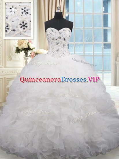 Organza Sweetheart Sleeveless Brush Train Lace Up Beading and Ruffles Vestidos de Quinceanera in White - Click Image to Close