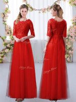Designer Red Tulle Zipper Quinceanera Court Dresses Half Sleeves Floor Length Lace