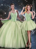 Luxurious Sleeveless Floor Length Beading Lace Up Quince Ball Gowns with Yellow Green