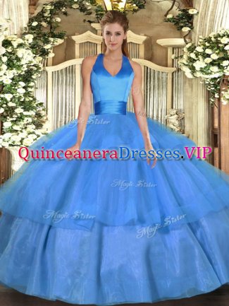 Baby Blue Quinceanera Dress Military Ball and Sweet 16 and Quinceanera with Ruffled Layers Halter Top Sleeveless Lace Up