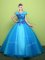 Dazzling Scoop Floor Length Baby Blue Vestidos de Quinceanera Tulle Short Sleeves Appliques