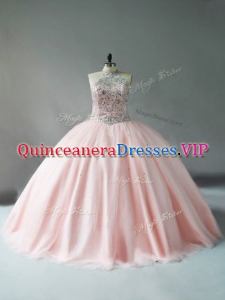 Fantastic Pink Tulle 15 Quinceanera Dress Sleeveless Floor Length Beading
