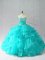 Aqua Blue Ball Gowns Organza Sweetheart Sleeveless Beading and Ruffles Floor Length Lace Up Ball Gown Prom Dress