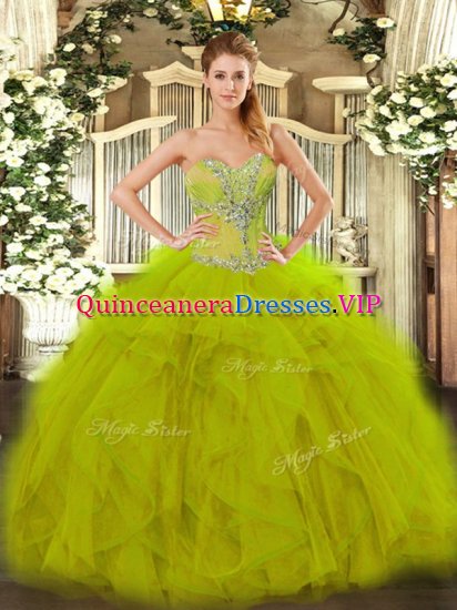 Olive Green Ball Gowns Sweetheart Sleeveless Organza Floor Length Lace Up Beading and Ruffles Ball Gown Prom Dress - Click Image to Close