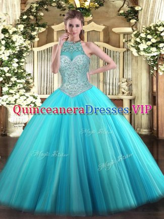 Ideal Aqua Blue Sleeveless Beading Floor Length Quince Ball Gowns