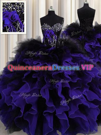 Sleeveless Floor Length Beading and Ruffles Lace Up Quinceanera Gowns with Black And Purple