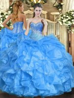 Great Floor Length Baby Blue Quinceanera Gowns Organza Sleeveless Beading and Ruffles(SKU SJQDDT1407002BIZ)