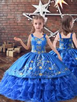 Straps Sleeveless Little Girls Pageant Dress Floor Length Embroidery and Ruffled Layers Royal Blue Satin and Organza(SKU PSSWLG078BIZ)